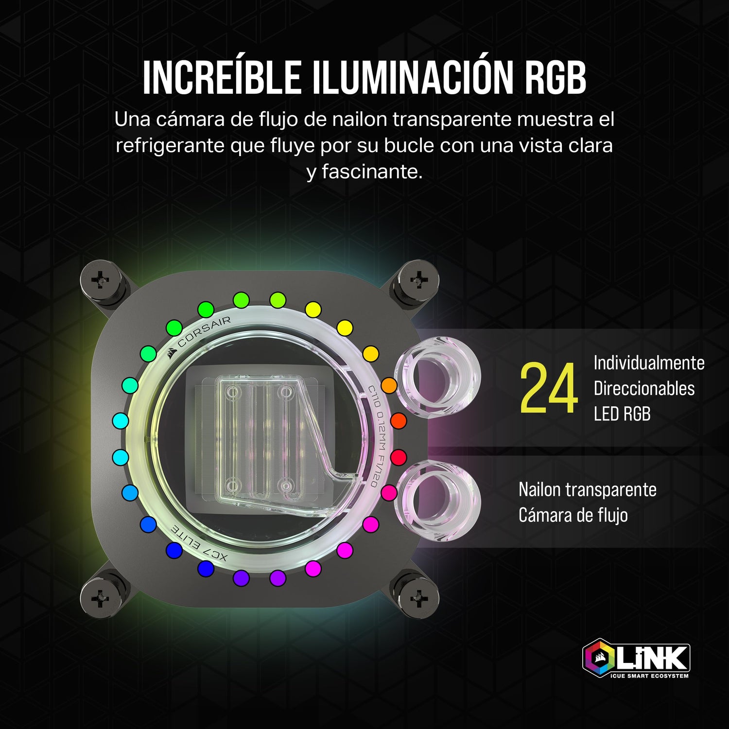 CORSAIR iCUE Link XC7 RGB Elite Bloque de Refrigeración para CPU - Cámara de Flujo Transparente – 24 LED RGB - Compatible con Intel LGA 1700, AMD AM5 y Versiones anteriores - Gris Sigiloso
