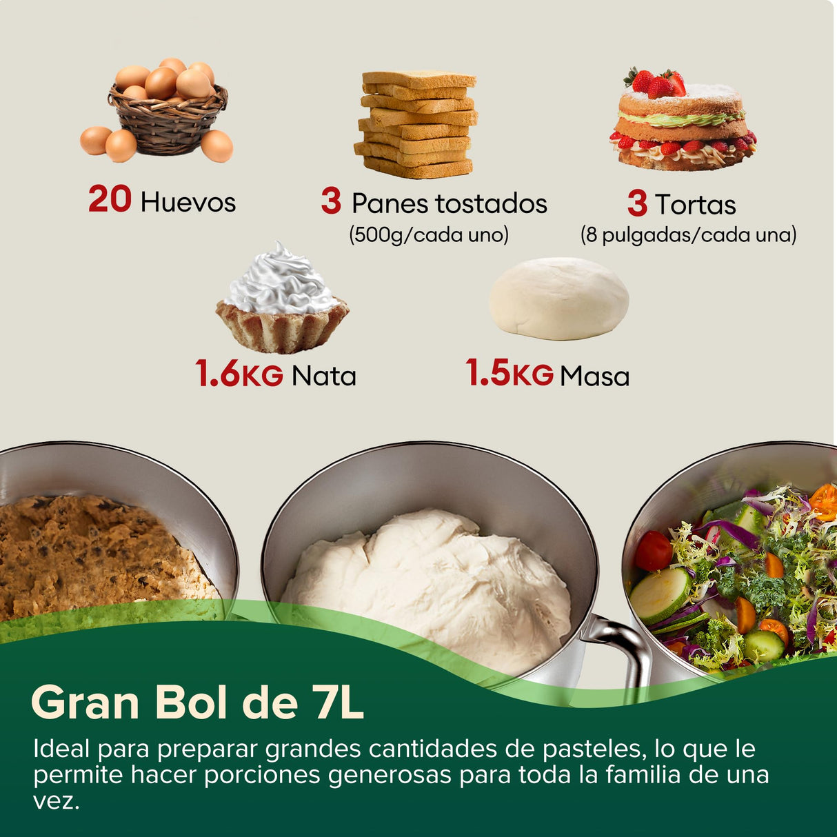 CHEFREE Batidora Amasadora Multifunción 1800W, 10 Velocidades de Rotación Planetaria, Robot Cocina con Bol de 7L, Gancho de Repostería, Batidor, Mezclador, Cuerpo de Metal, Rojo, M500