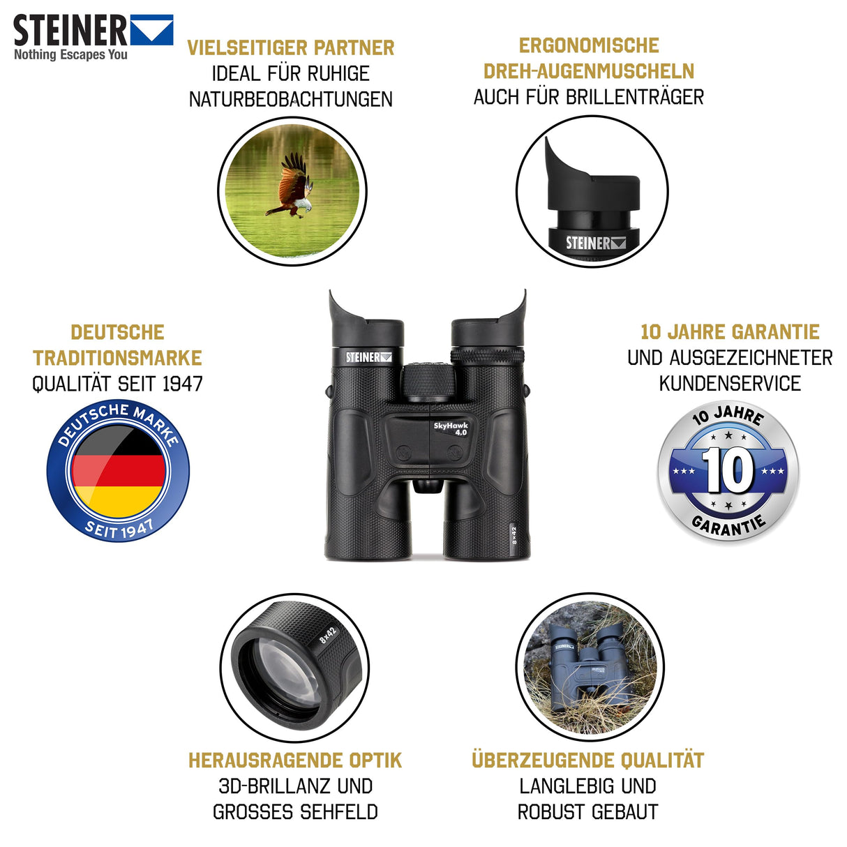 STEINER Prismáticos Skyhawk 4.0 8x42 - Óptica de Calidad Alemana, Detalles nítidos, Robusto, Gran Campo de visión, observar la Naturaleza, los Animales y Las Aves