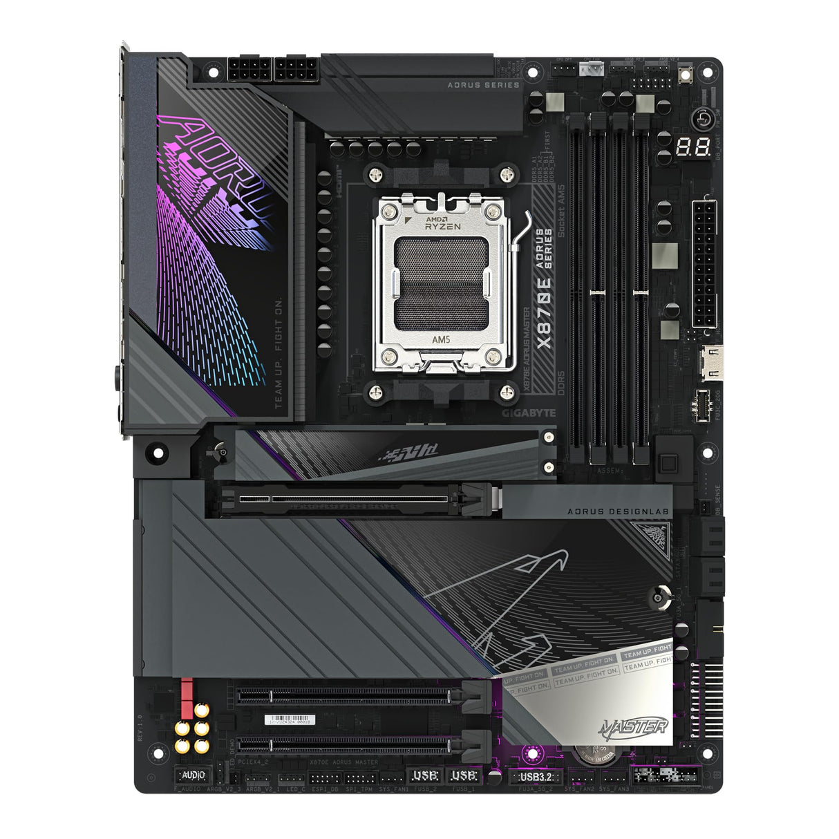 GIGABYTE Placa Base X870E AORUS Master - Compatible con CPUs AMD Ryzen 9000, VRM Digital de 16+2+2 Fases, hasta 8600MHz DDR5 (OC), 3xPCIe 5.0, Wi-Fi 7, LAN 5GbE, USB 4