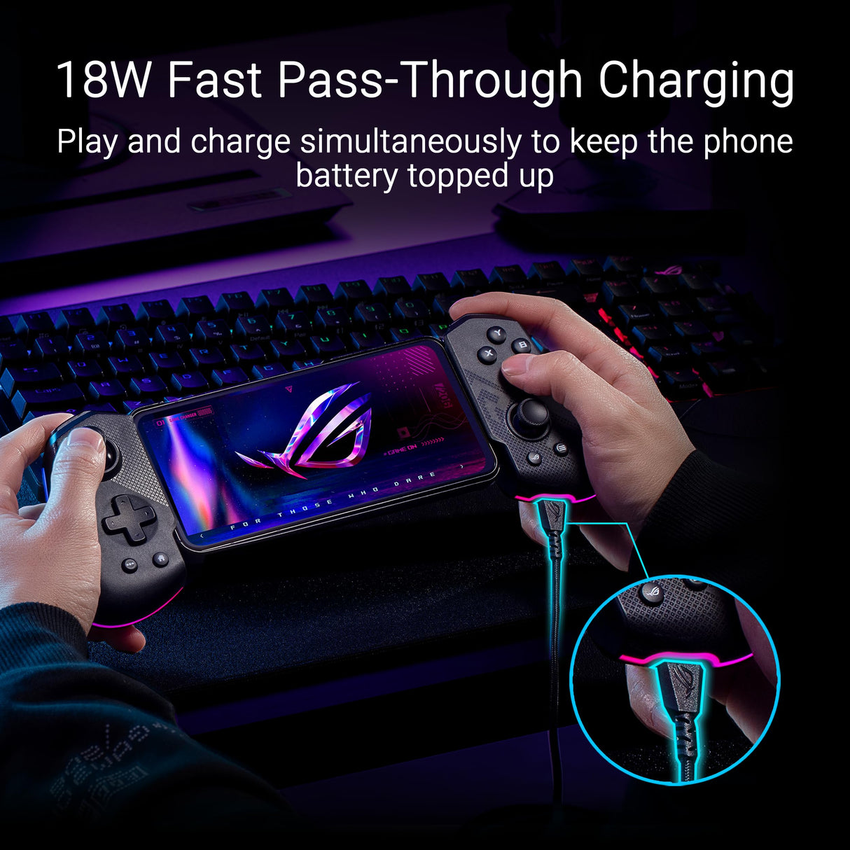 ASUS ROG Tessen - Controlador Gaming para móviles Android, diseño plegable, palancas traseras de aluminio programables, ROG Button, interruptores mecánicos, USB-C de 18 vatios y Aura RGB