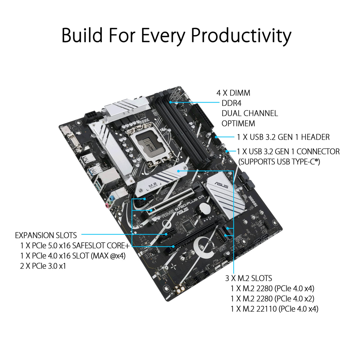 Asus Prime B760-PLUS D4 - Placa Base ATX Intel B760 LGA 1700, PCIe 5.0, Tres PCIe 4.0 M.2, DDR4, 2.5Gb Ethernet, SATA 6 Gbps, USB 3.2 Type-C Gen 2x2, Gen 1, Thunderbolt, Aura Sync