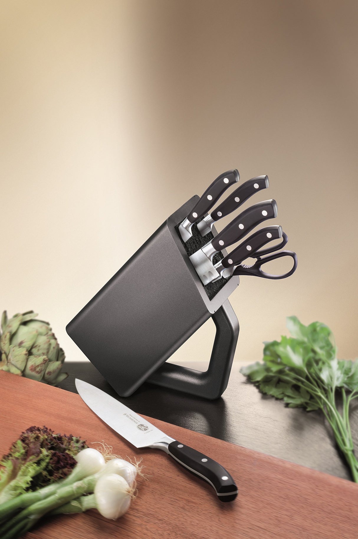 Victorinox Grand Maître Bloque de cuchillos, relleno de 6 piezas con cuchillos forjados, almacenamiento de cuchillos, elegancia, negro