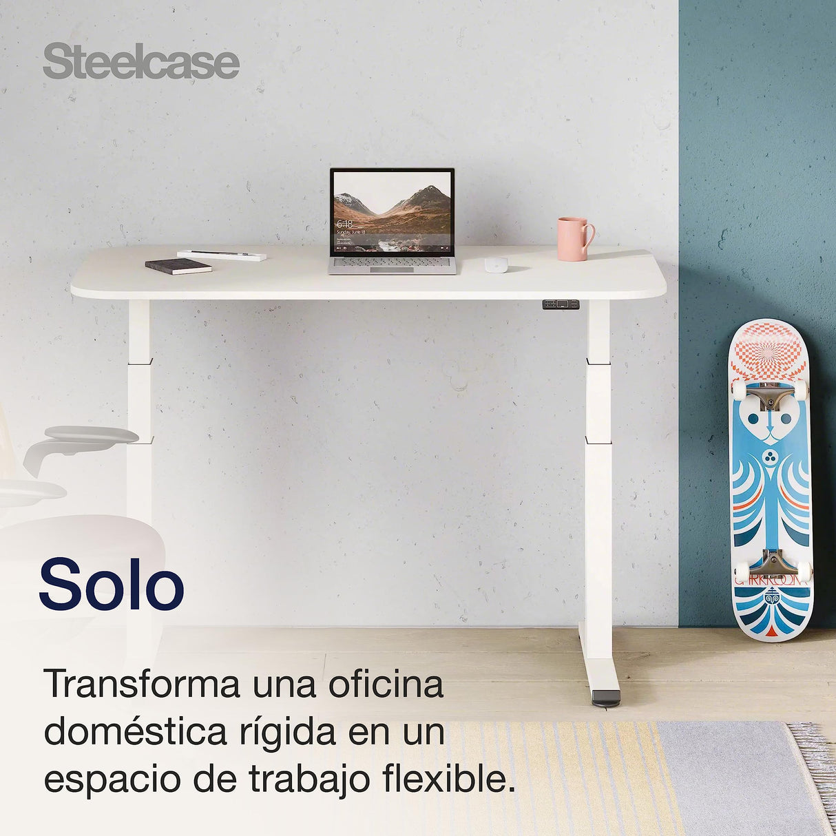Steelcase Solo Mesa Altura Ajustable Eléctrica para Trabajar de Pie o Sentado, Controlador Programable, Potente motor, Sensor Anticolisión y Red de Gestión de Cables. Acabados en Nieve/Nieve