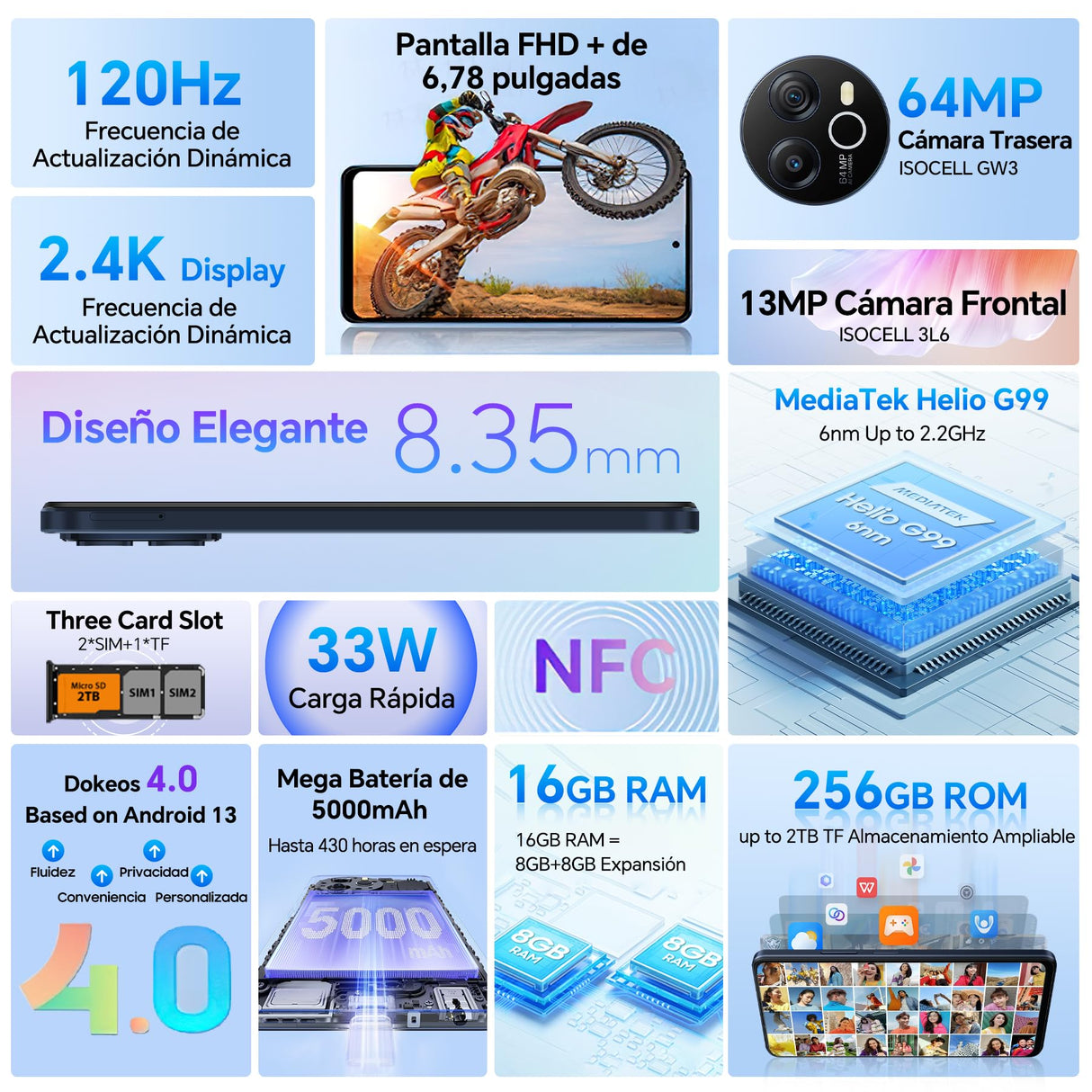 Blackview Smartphone 120Hz, 16GB+256GB(TF 2TB) Helio G99 Cámara de 64MP Telefono Movil Android 13, 6.78'' FHD+ 2.4K 5000mAh 33W Moviles con Dual 4G Octa-Core, NFC/Huella Digital/GPS