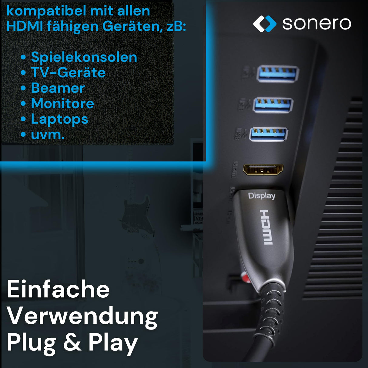 Sonero 50 m de Cable HDMI 2.0b, híbrido de Fibra óptica, UHD 2160P, 4K60Hz, 4:4:4, HDR, 18Gbps