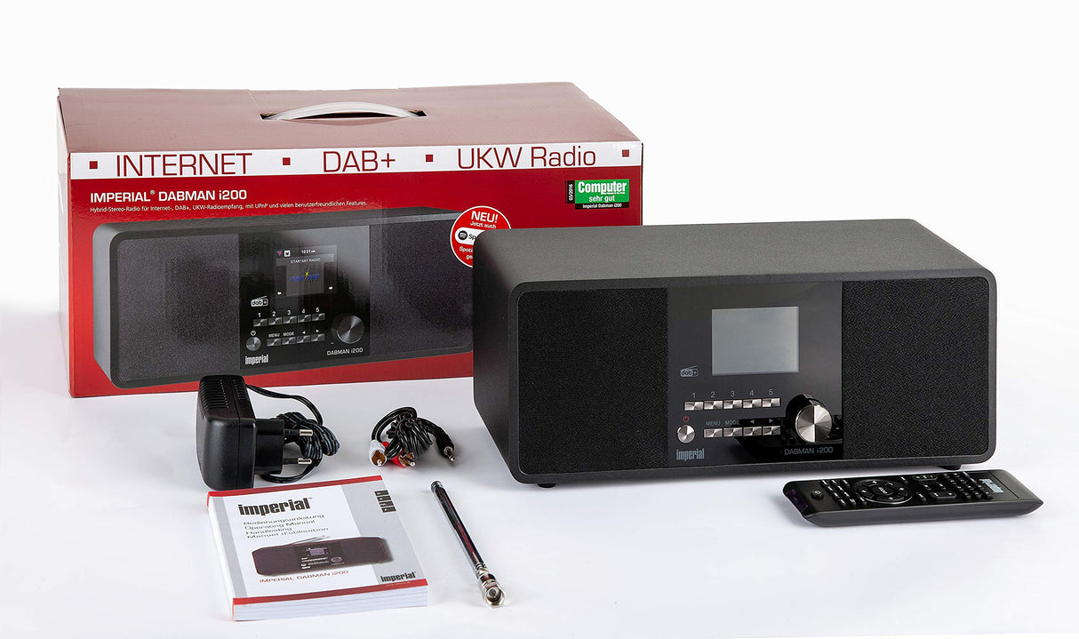 Imperial DABMAN i200 Internet/Dab+ Radio (Sonido estéreo, Radio por Internet/Dab+/Dab/FM, WiFi, LAN, Entrada Auxiliar, Salida de línea, Salida de Auriculares, Spotify) Negro, 32 x 13,5 x 11 cm