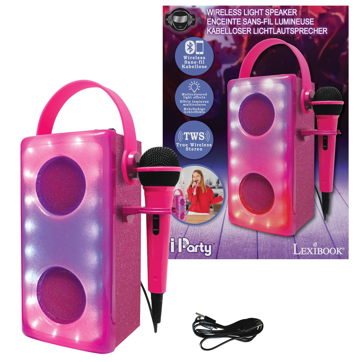 LEXIBOOK, iParty, Altavoz Bluetooth® inalámbrico con luz y micrófono, Efectos de luz Multicolor, Puerto para Tarjeta SD/TF, Batería Recargable, Rosa, BTP185PKZ