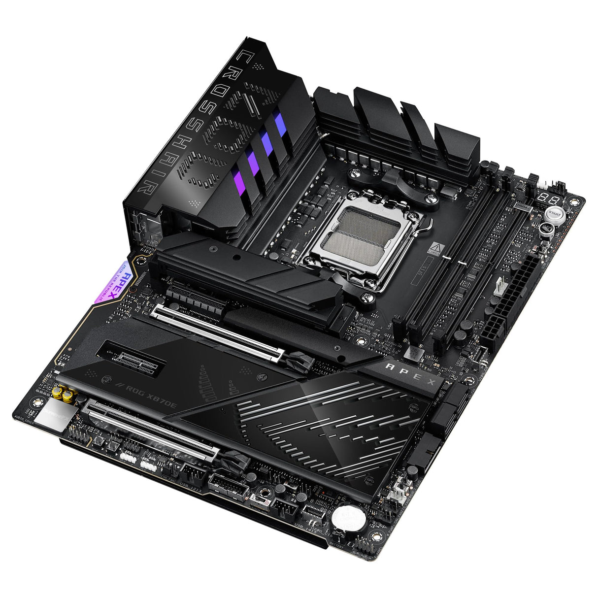 ASUS ROG Crosshair X870E Apex - Placa Base AMD ATX, 18+2+2 etapas de Potencia, Ranuras DDR5, PCIe 5.0 Compatible con GPU de próxima generación, Cinco Ranuras M.2, Wi-Fi 7, USB4, overclocking con IA
