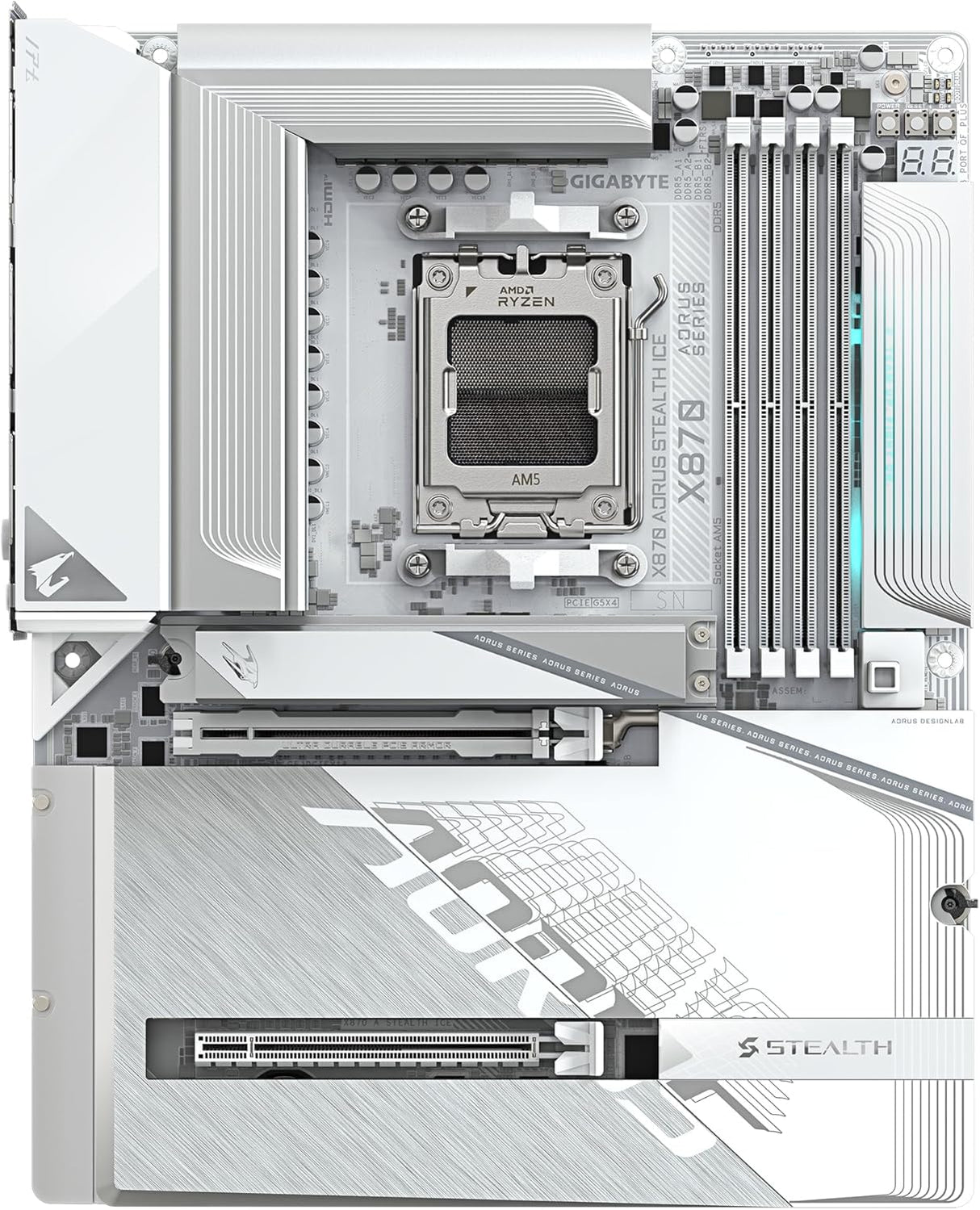 GIGABYTE X870 AORUS Stealth Ice Placa Base – Compatible con procesadores AMD Ryzen 9000, VRM Digital de 16+2+2 Fases, hasta 8200 MHz DDR5 (OC), 2 x PCIe 5.0 + 2 x PCIe 4.0, Wi-Fi 7, LAN 5 GbE, USB 4