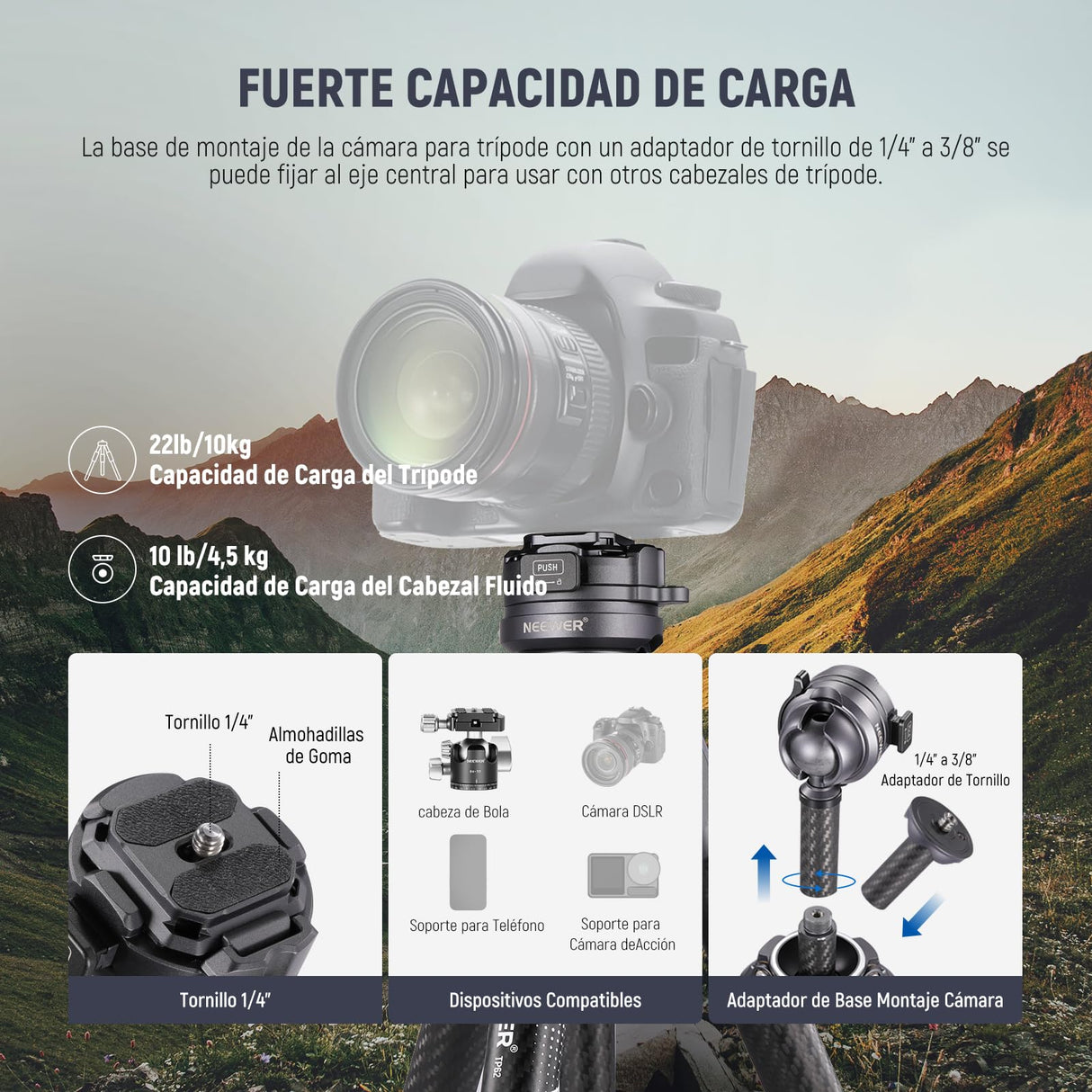NEEWER LITETRIP LT32 62" Trípode de Viaje de Fibra Carbono con Base Niveladora de ±15°, Eje Central Desmontable, Hebilla de Giro Rápido, Placa QR Tipo Arca Compatible con Peak Design Capture V3