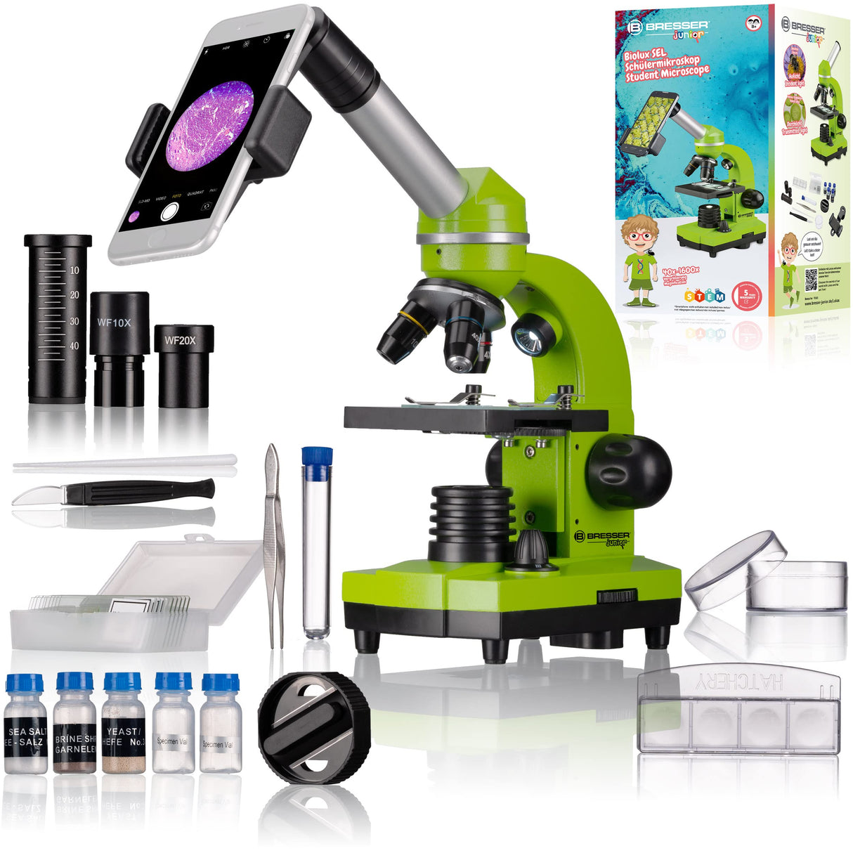 Bresser Microscopio para Estudiantes Biolux Sel con Soporte para Smartphone, Ricos Accesorios y Sistema de Zoom Barlow para niños, Principiantes y Adultos, Color Verde