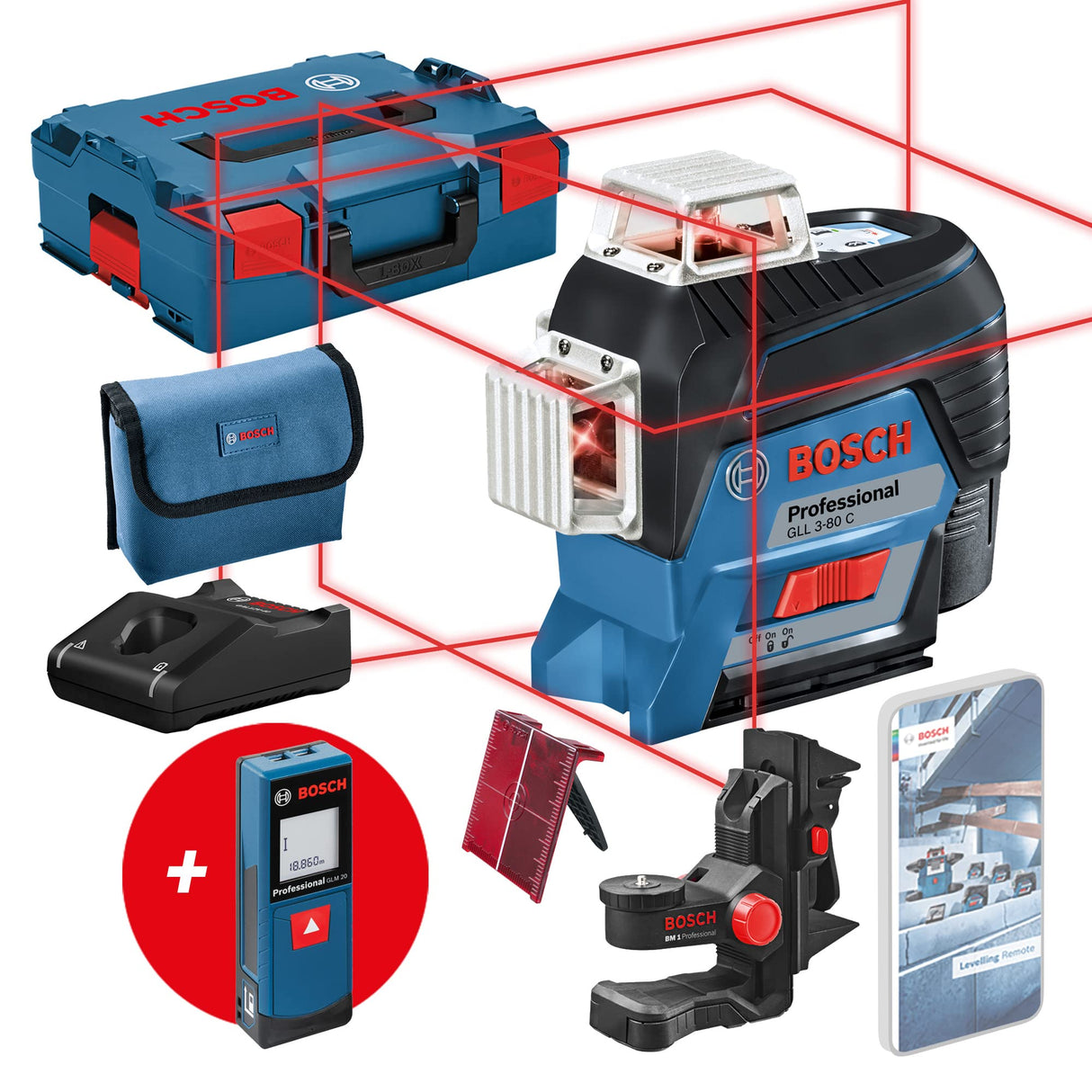 Bosch Professional nivel láser GLL 3-80 C + medidor de distancias GLM 20 (1 batería de 12 V, láser rojo, con función de aplicación, alcance: hasta 30 m, en L-BOXX)