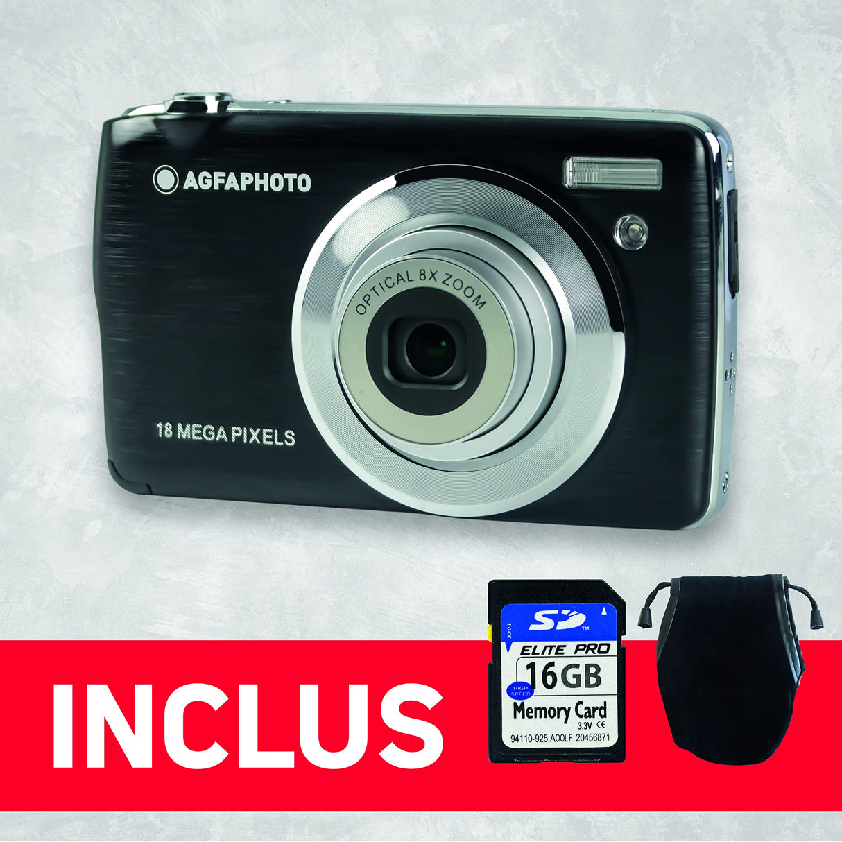 AGFA Photo Realishot DC8200 - Cámara Digital Compacta, 18MP, Video Full HD, Pantalla LCD 2.7'', Zoom Óptico 8X, Batería de Litio y Tarjeta SD de 16GB - Negro