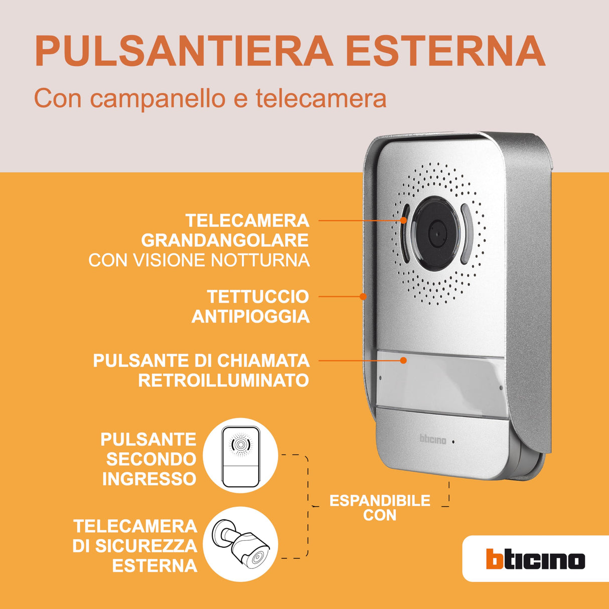 Bticino Easykit Plus 318913 - Videoportero monofamiliar Plug-In de 2 cables con: 1 botonera externa con timbre y cámara, 1 monitor interno de 7 pulgadas a color con manos libres, ampliable para
