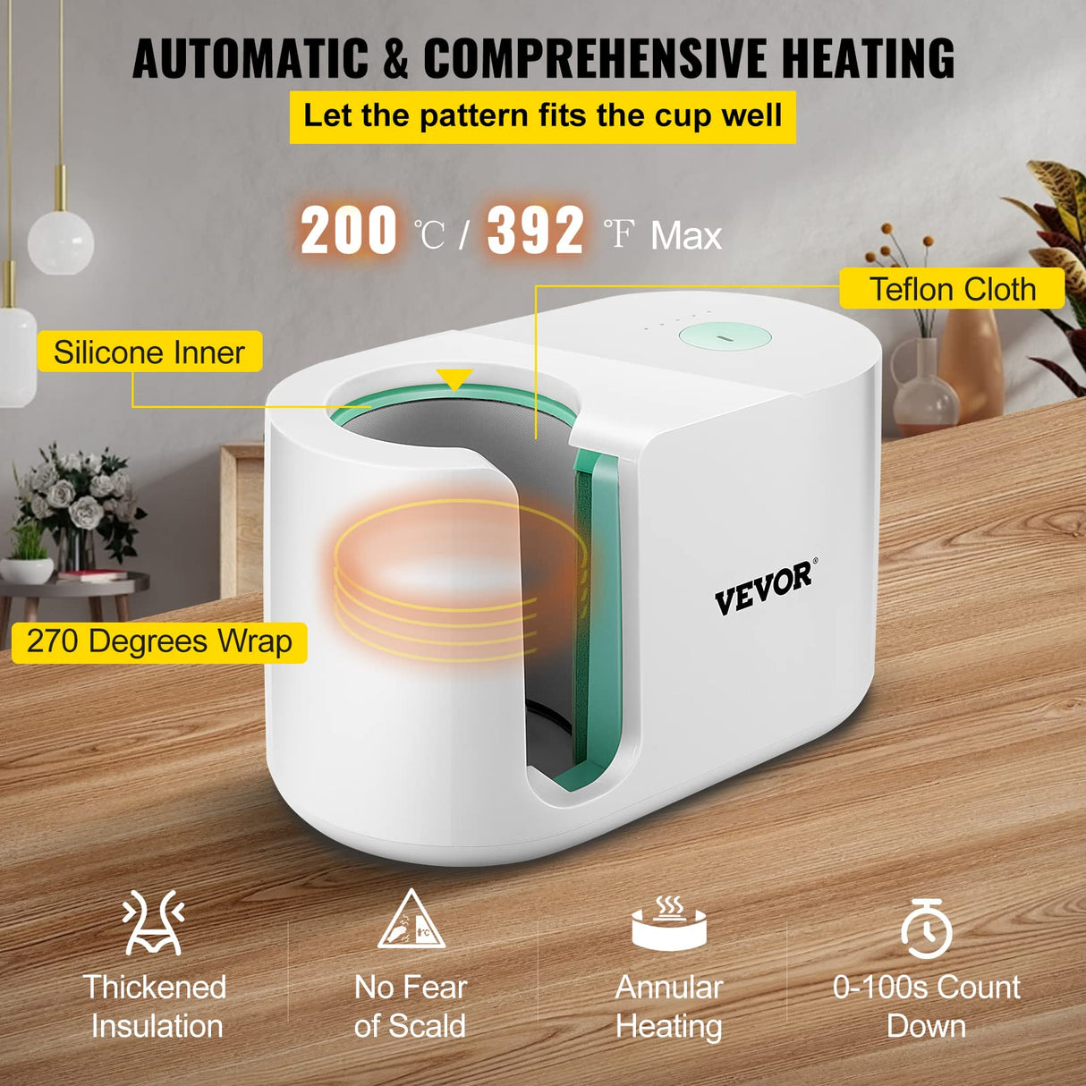 VEVOR Prensa Térmica para Tazas 280W Máquina de Prensado de Tazas 11-15oz Blanco Prensa de Calor para Tazas de Sublimación para Dibujar Proyectos, Imprimirlos y Pegarlos en la Superficie de la Taza