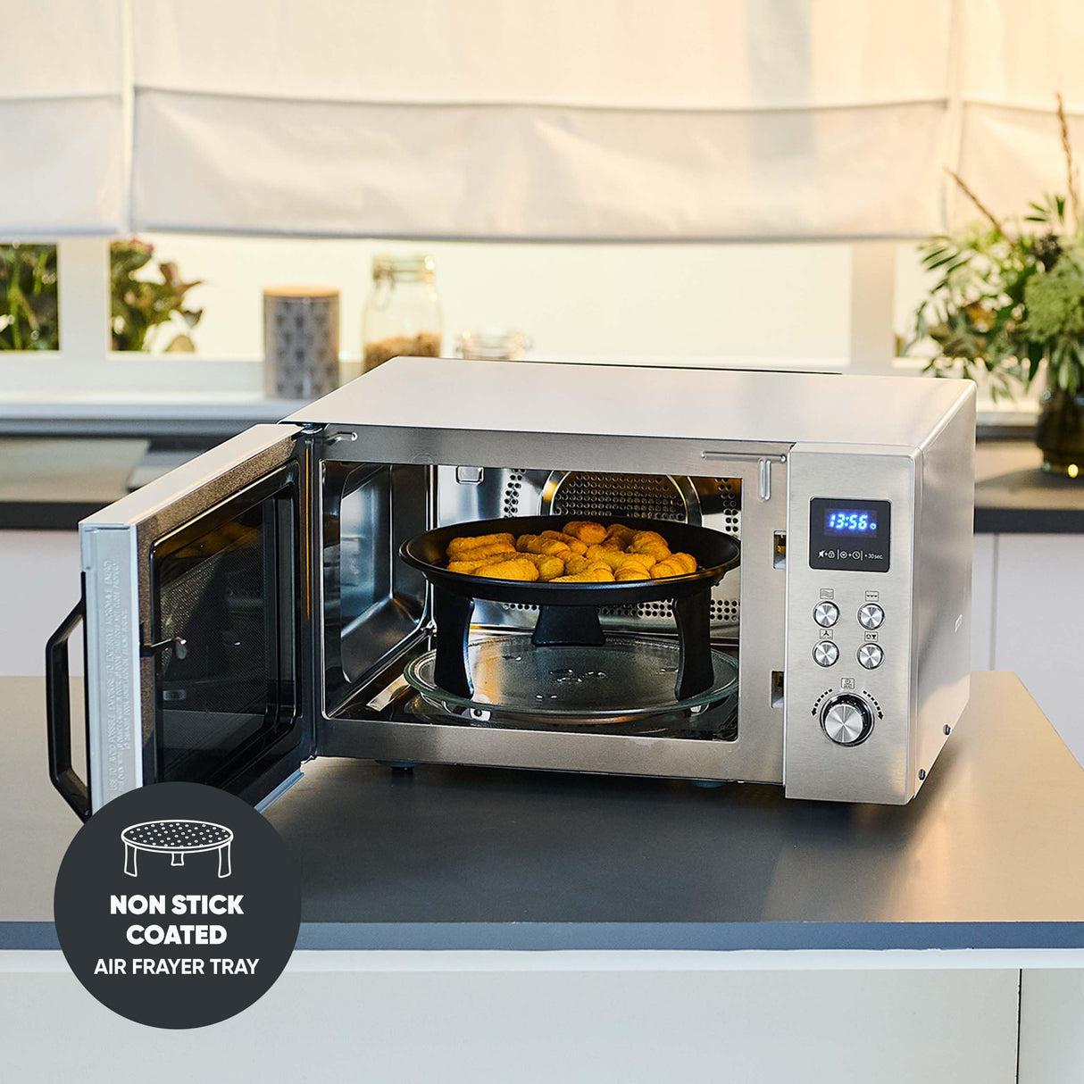 SEVERIN Microondas con grill y convección, función de freidora de aire, 4 en 1 para descongelar, cocinar y calentar, 25 L, acero inoxidable cepillado/plateado, MW 7982
