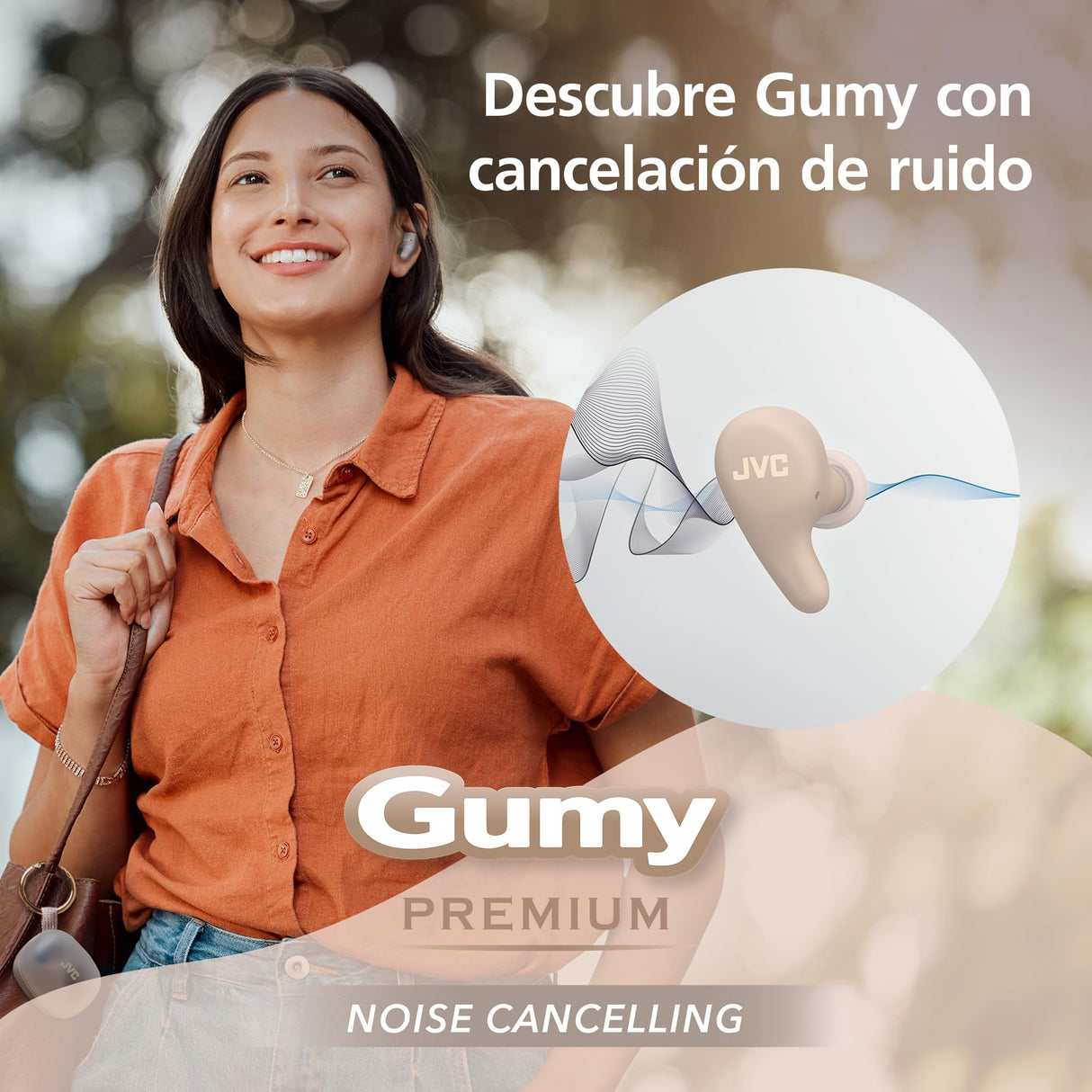 JVC Gumy Premium Auriculares Bluetooth True Wireless con Cancelación de Ruido, Bluetooth 5.4, Modo Ambiente, Baja Latencia, 26h batería, Estuche Translúcido USB-C, Marrón Mocha - HA-A23T-T