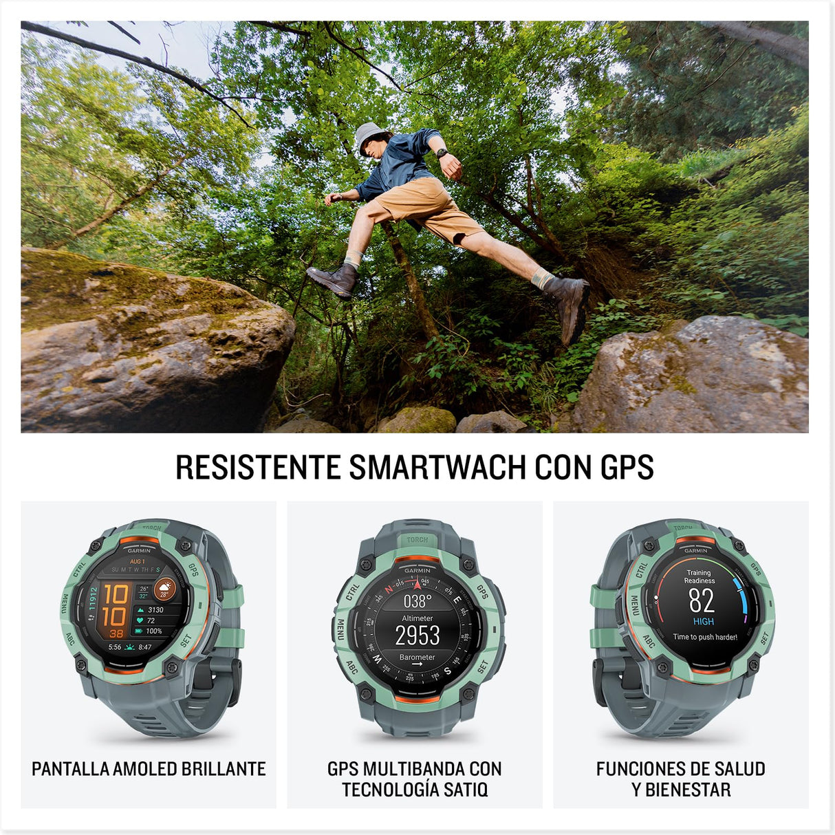 Garmin Instinct 3, Reloj inteligente con GPS, Pantalla AMOLED de 50 mm, Resistente al agua, Aplicaciones deportivas integradas, Monitorización de la salud, Linterna LED, Hasta 24 días autonomía, Verde
