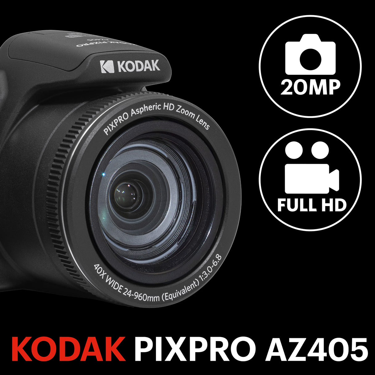 KODAK Pixpro Astro Zoom AZ405 - Cámara Digital Bridge, Zoom de 40x, Gran Angular de 24 mm, 20 megapíxeles, LCD de 3", vídeo Full HD 1080p, OIS, Pila AA - Negro