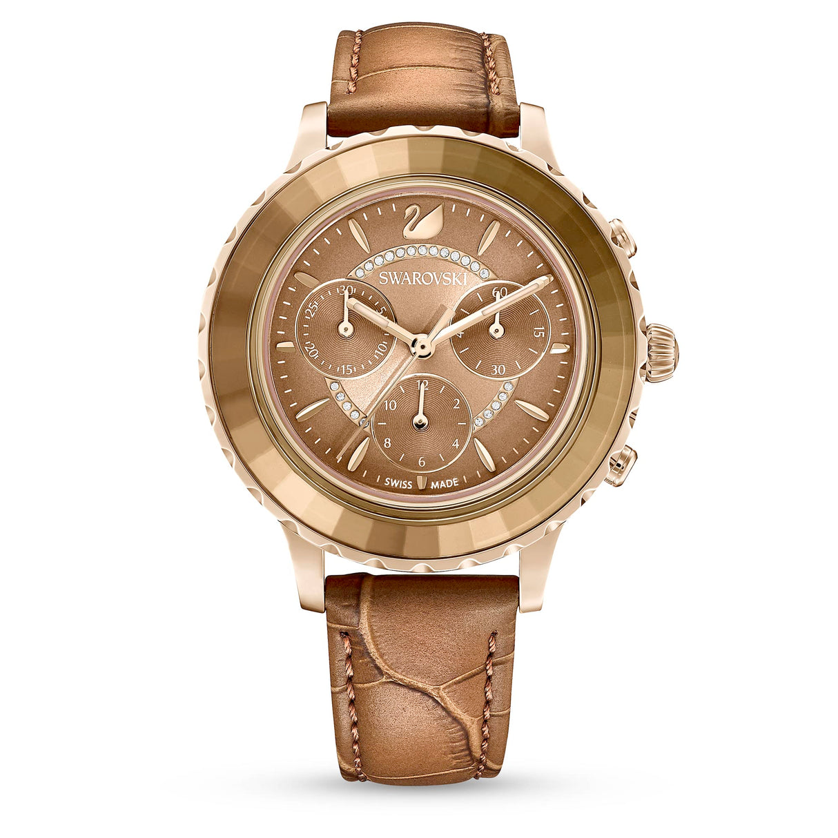 Swarovski Reloj Octea Lux Chrono, Correa de Cuero Marrón, Esfera Soleada en Tono Dorado y Detalles de Cristal, de la Colección Octea