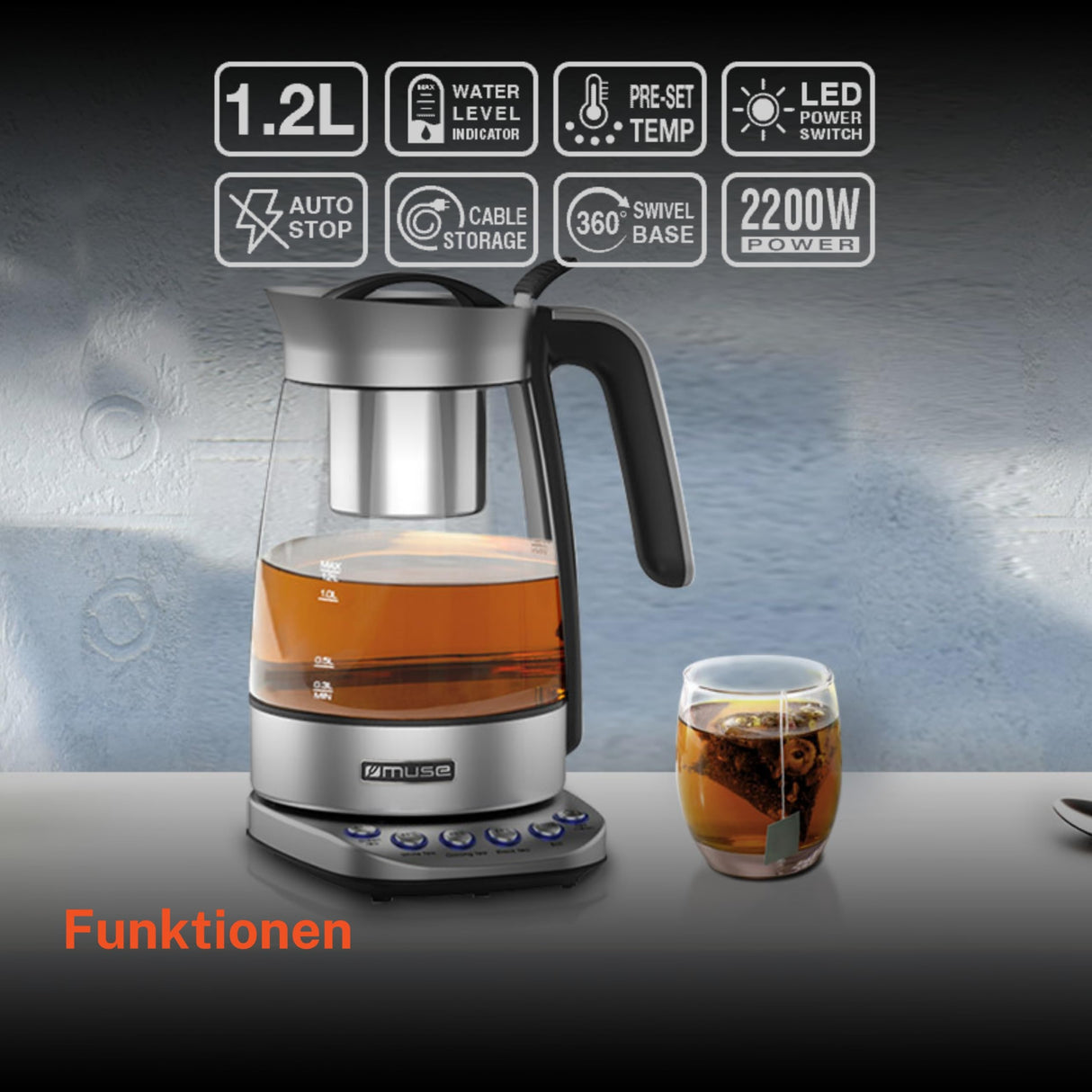 Muse MS320T. Tetera con carcasa de cristal, Función de mantener caliente, Cesta de té extraíble.