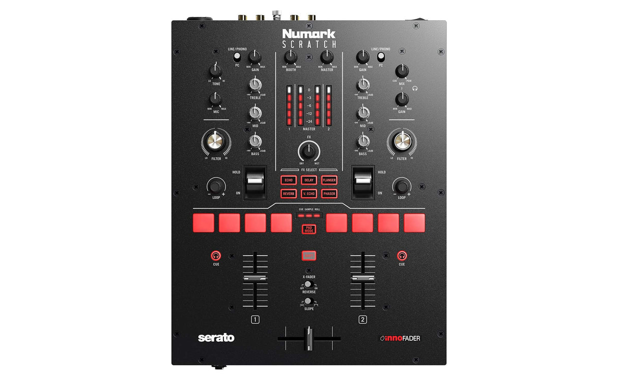 Numark Scratch - Mezclador de DJ, dos canales scratch para Serato DJ Pro, Crossfader Innofader, licencia DVS, 6 selectores de efectos de acceso directo, performance pads, 24 bits calidad de sonido
