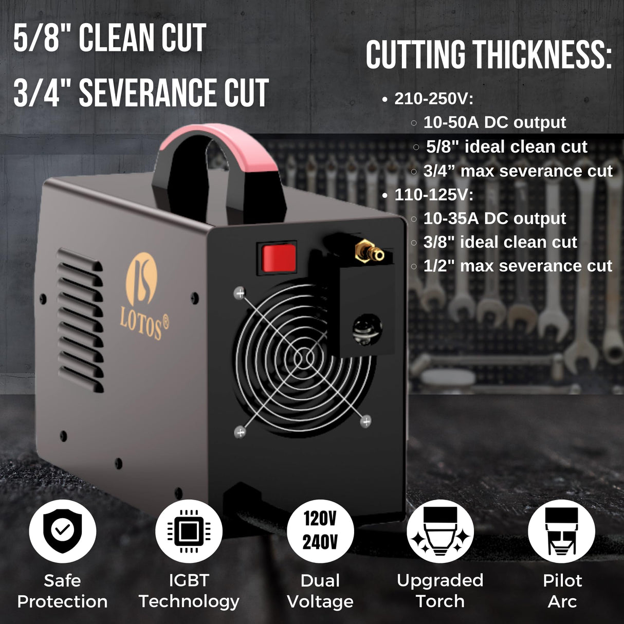 Lotos LTP5000D 50 Amp Non-Touch Pilot Arc Plasma Cutter, Dual Voltage 110V/220V, 1/2 Inch Clean Cut by Lotos Technology