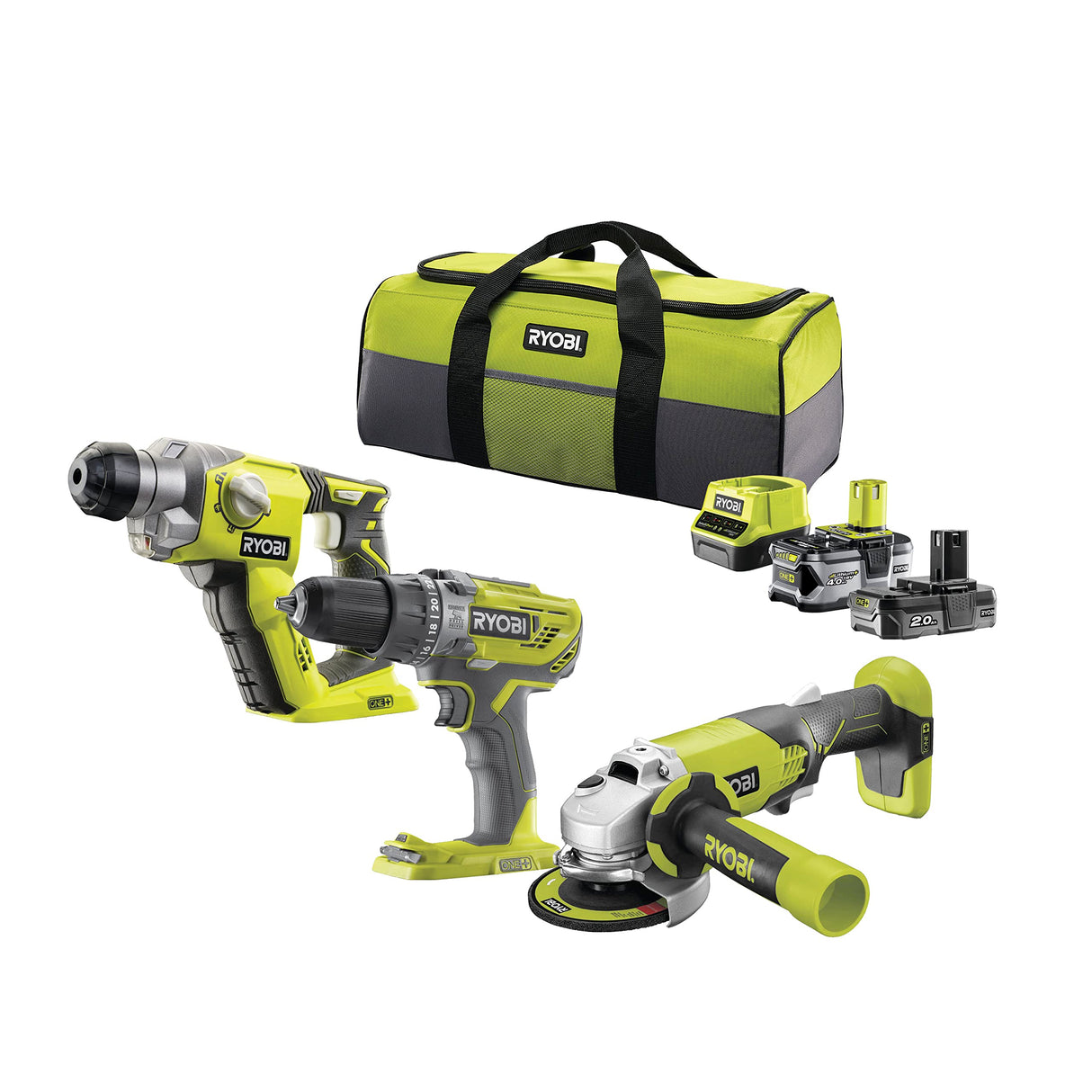 RYOBI 18V ONE+ Trio – Taladro Percutor, Atornillador Impacto y Amoladora Angular – Incluye 3 Herramientas, 2 Baterías y Cargador