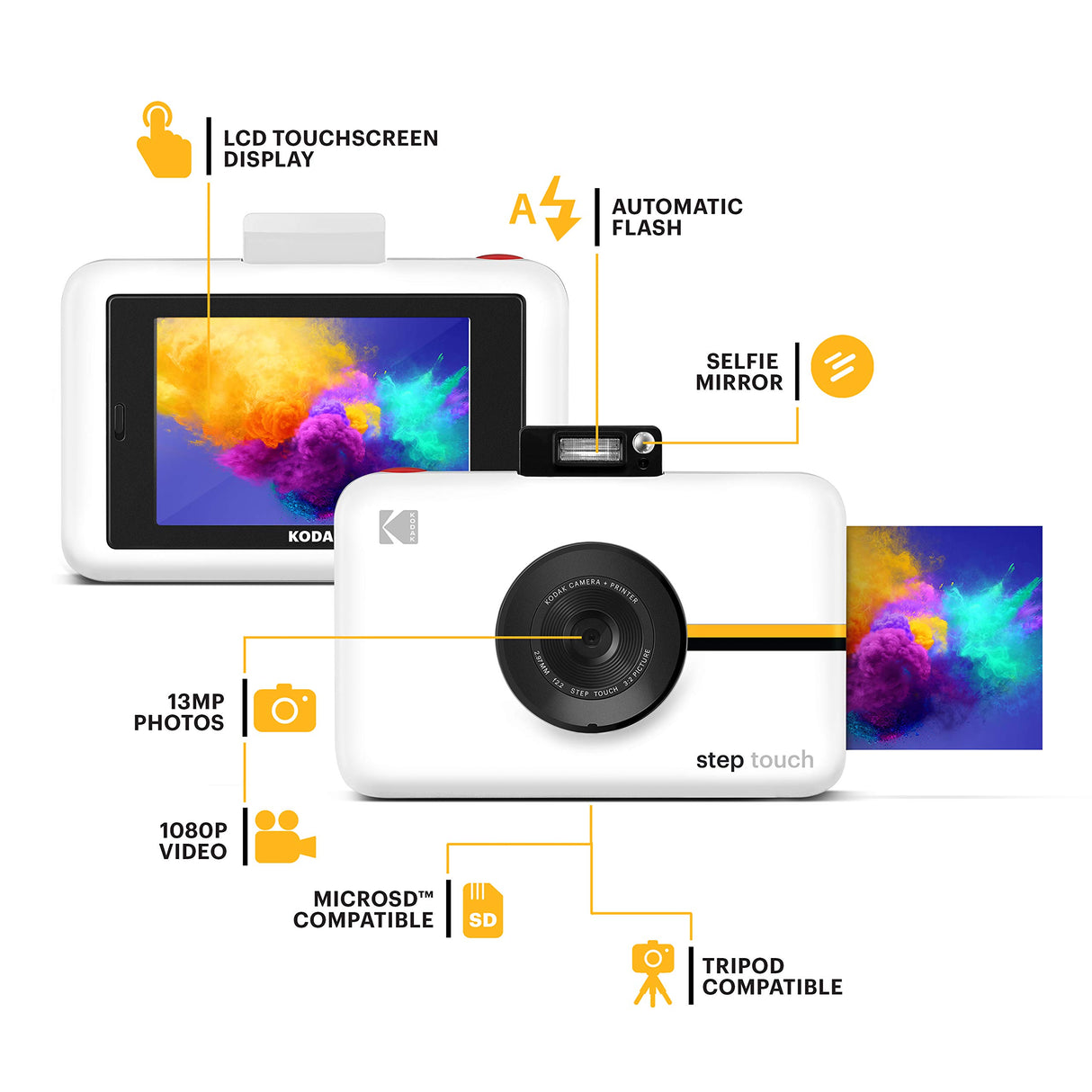 KODAK Step Touch - Cámara Digital de 13 MP e Impresora instantánea con Pantalla de 3.5" (vídeo de Alta definición), Color Blanco