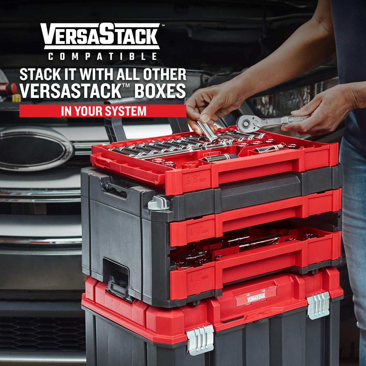 CRAFTSMAN VERSASTACK CMMT45309 - Juego de herramientas mecánicas, unidad de 1/4 y 3/8 pulgadas, caja de herramientas duradera de 3 cajones incluida, 262 piezas