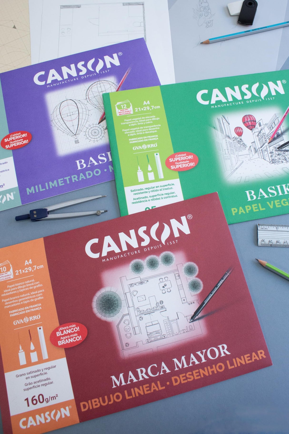 Canson Dibujo Lineal, Papel de dibujo blanco, Suave, 160gsm, Hoja, A3-29,7x42cm, Blanco, 250 Hojas
