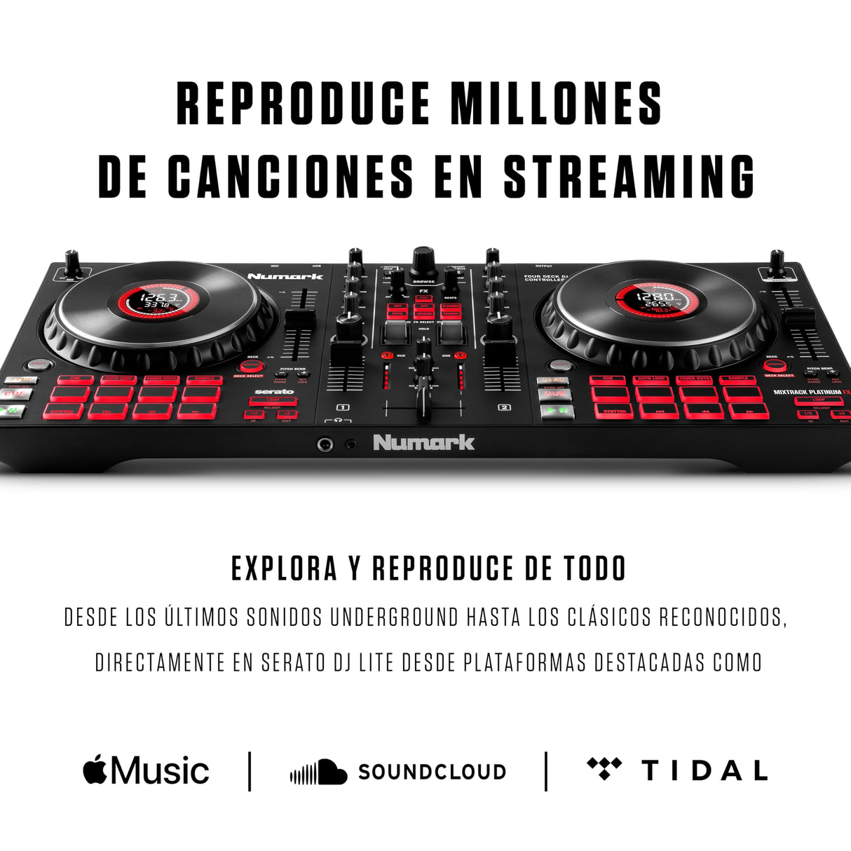 Numark Mixtrack Platinum FX Controlador DJ para Serato DJ Con Control de 4 Secciones, Mezclador DJ, Interfaz de Audio Incorporada, Pantallas en Las Ruedas de Selección y Paletas de Efectos