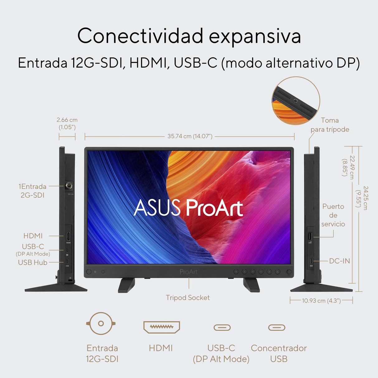 ASUS ProArt Display PA16USV - Monitor Profesional de 15,6", 4K UHD (3840 x 2160), IPS, HDR-10, 100% sRGB, Rec.709, ΔE<2, Calman, 12G-SDI, HDMI, USB-C, Caja Reutilizable, sostenibilidad ecológica