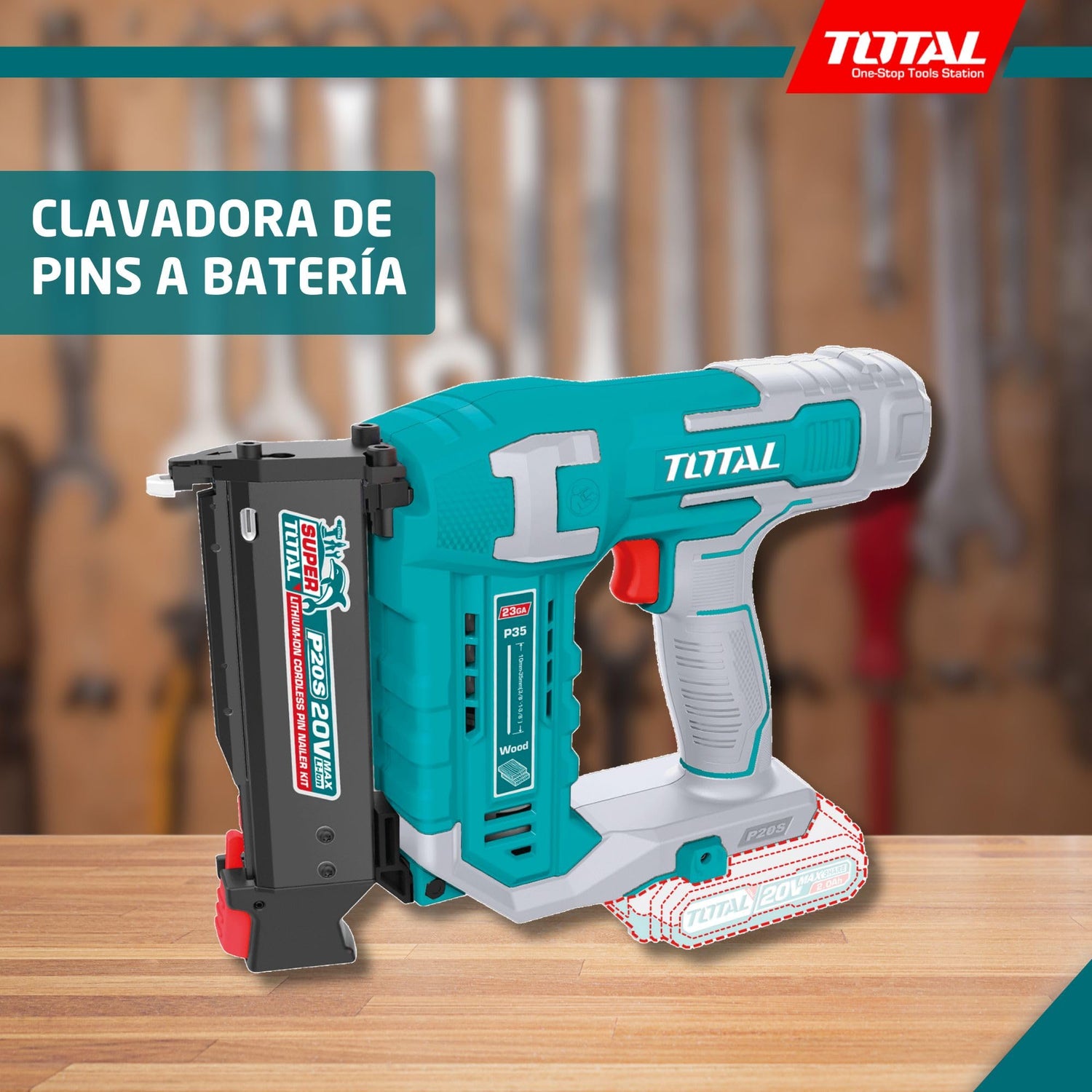 TOTAL - Clavadora de Pins a Batería 20V | 3 Pines | Compatible 10-35 mm | Cargador 140 Pines | Modelo TCBNLI3603 | Herramienta Eléctrica con Maletín y 3600 Pines Incluidos