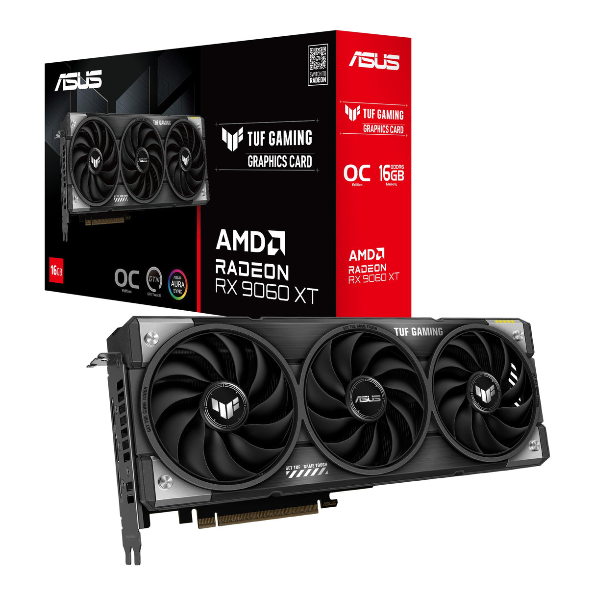 ASUS TUF Gaming Radeon RX 9060 XT 16 GB GDDR6 OC Edition, Tarjeta gráfica Gaming, PCIe 5.0, HDMI/DP 2.1, 2.5 Ranuras, Grado Militar, Revestimiento PCB, Doble BIOS, Ventiladores Axial-Tech