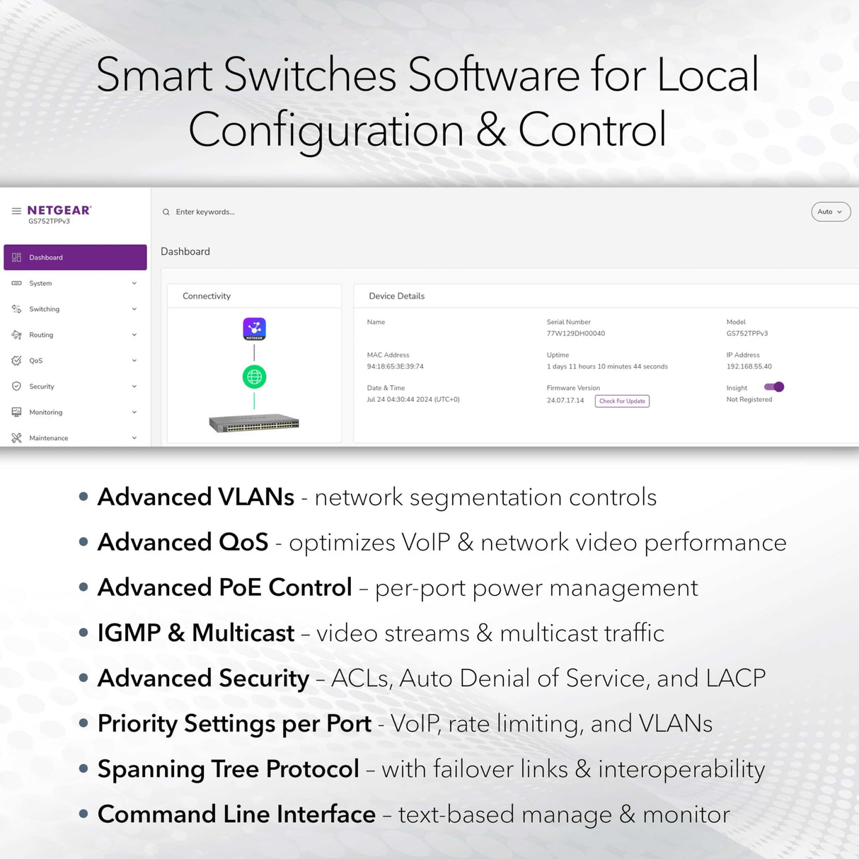 NETGEAR Switch Smart Gigabit Ethernet gestionable de 24 Puertos GS724TP | 24x PoE+ Consumo 190W, 2X 1G SFP| Montaje en sobremesa/Bastidor y protección ProSAFE