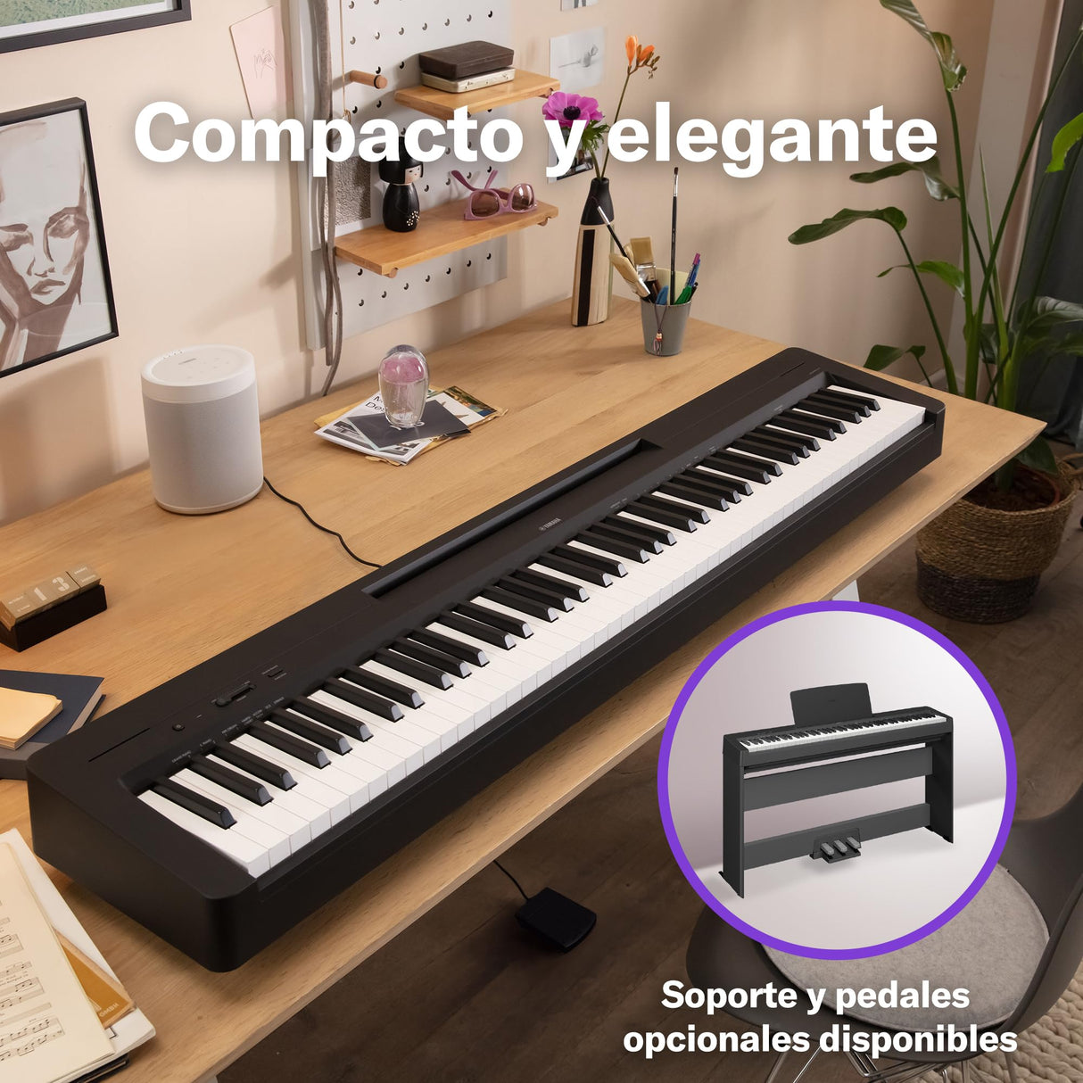 Yamaha P-145 piano digital ligero y portátil, con teclado Graded Hammer Compact, 88 teclas y 10 voces de instrumentos, negro