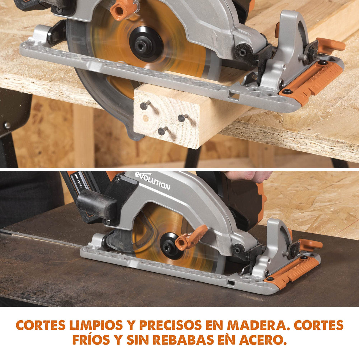 Evolution Sierra circular inalámbrica R165CCS-Li de Evolution Power Tools con corte multimaterial - Incluye batería de 4 Ah y cargador, hoja TCT de 165 mm y garantía de 3 años