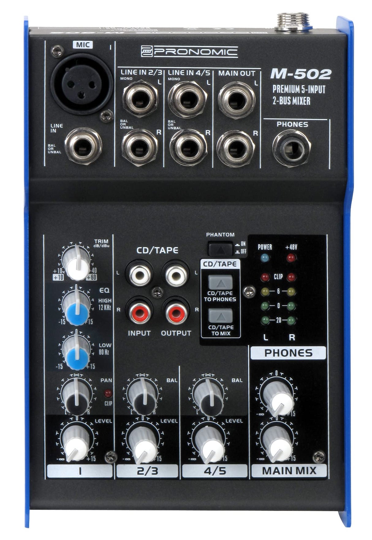 Pronomic M-502 Mesa de Mezclas Live/Studio (1 Canal Mono XLR/Jack, 2 Canales Estéreo, EQ de 3 Bandas, Alimentación Phantom de 48V)