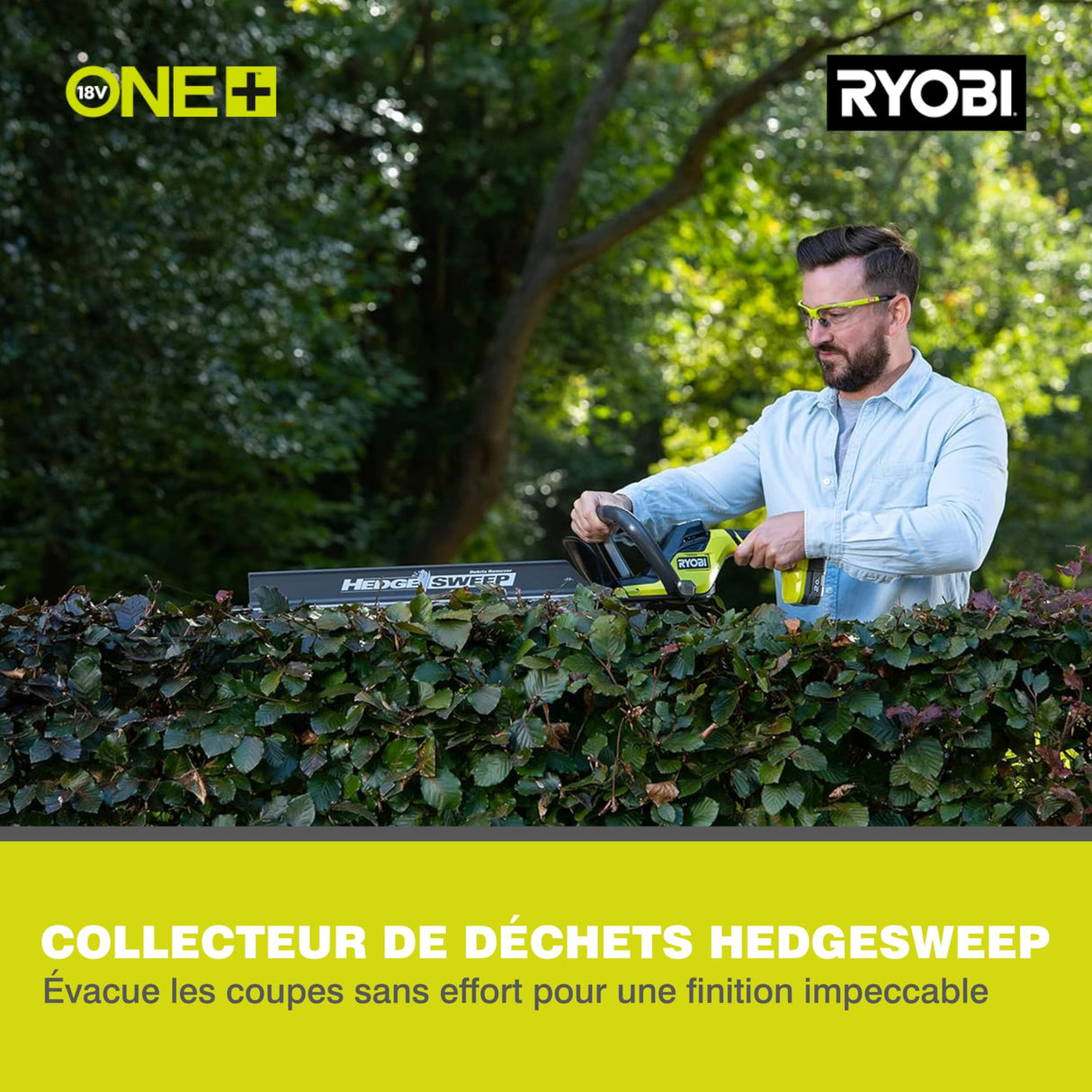 RYOBI - Cortasetos 18V One+ con Batería 18V One+ 2,0 Ah y Cargador 1,5A - Espada 55cm, Capacidad máx. 24mm, Velocidad 2700 RPM - Recogedor de Residuos HedgeSweep, Funda Protectora - RY18HT55A-120