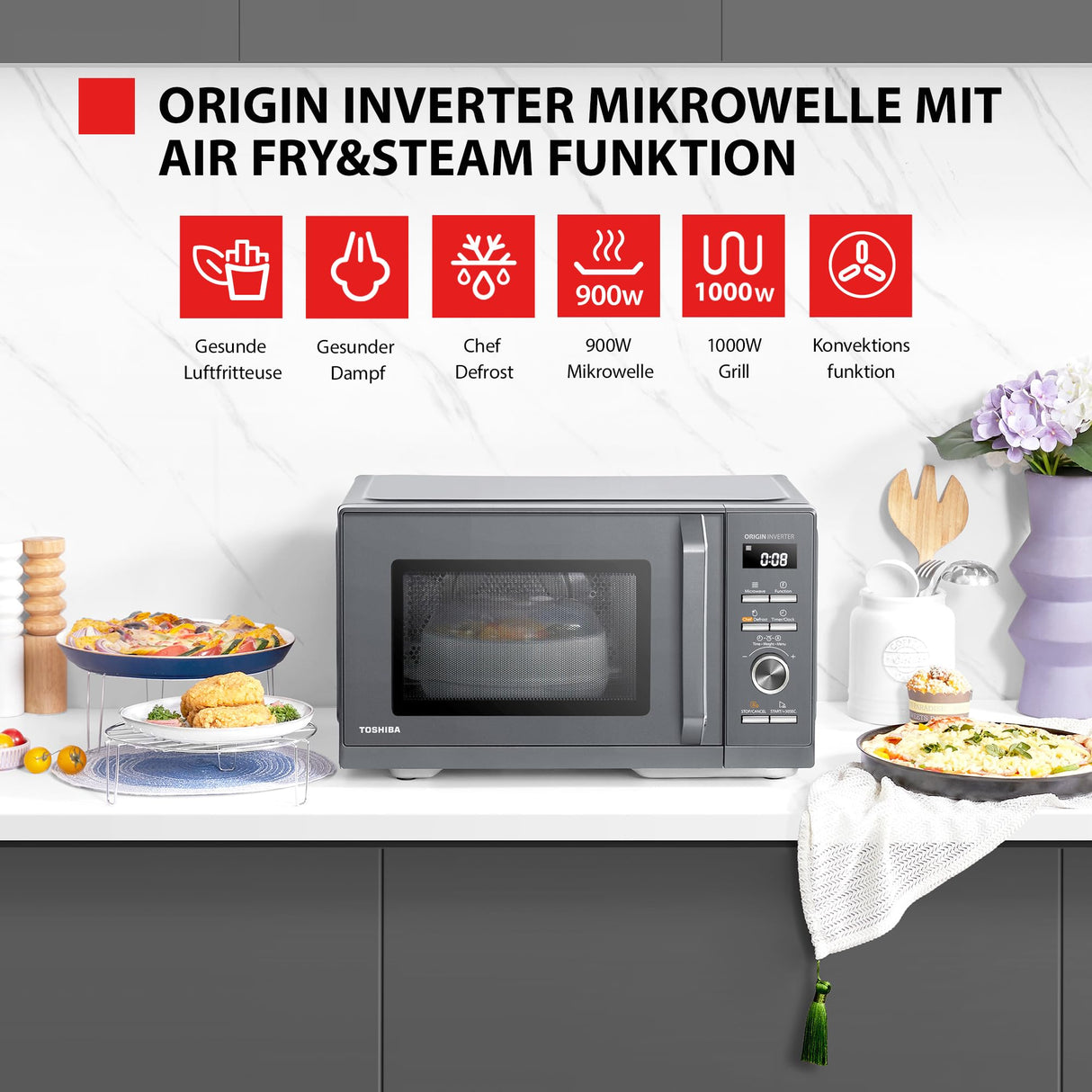 Toshiba Horno microondas 26L aire caliente combinado, 6 en 1 900 W con cocina de vapor en gris Morandi, 6 programas 10 niveles de potencia, 10 menús automáticos, MW3-AC26PFI(MG)
