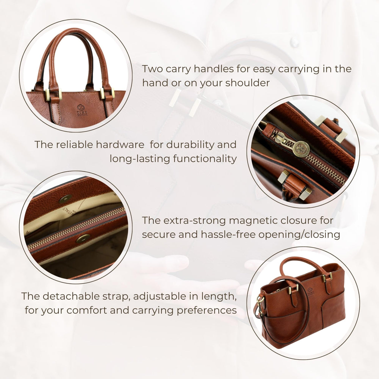 Time Resistance Bolso de Cuero de Grano Completo para Mujer Bolso de Mano de Cuero con Asa Superior - Tote