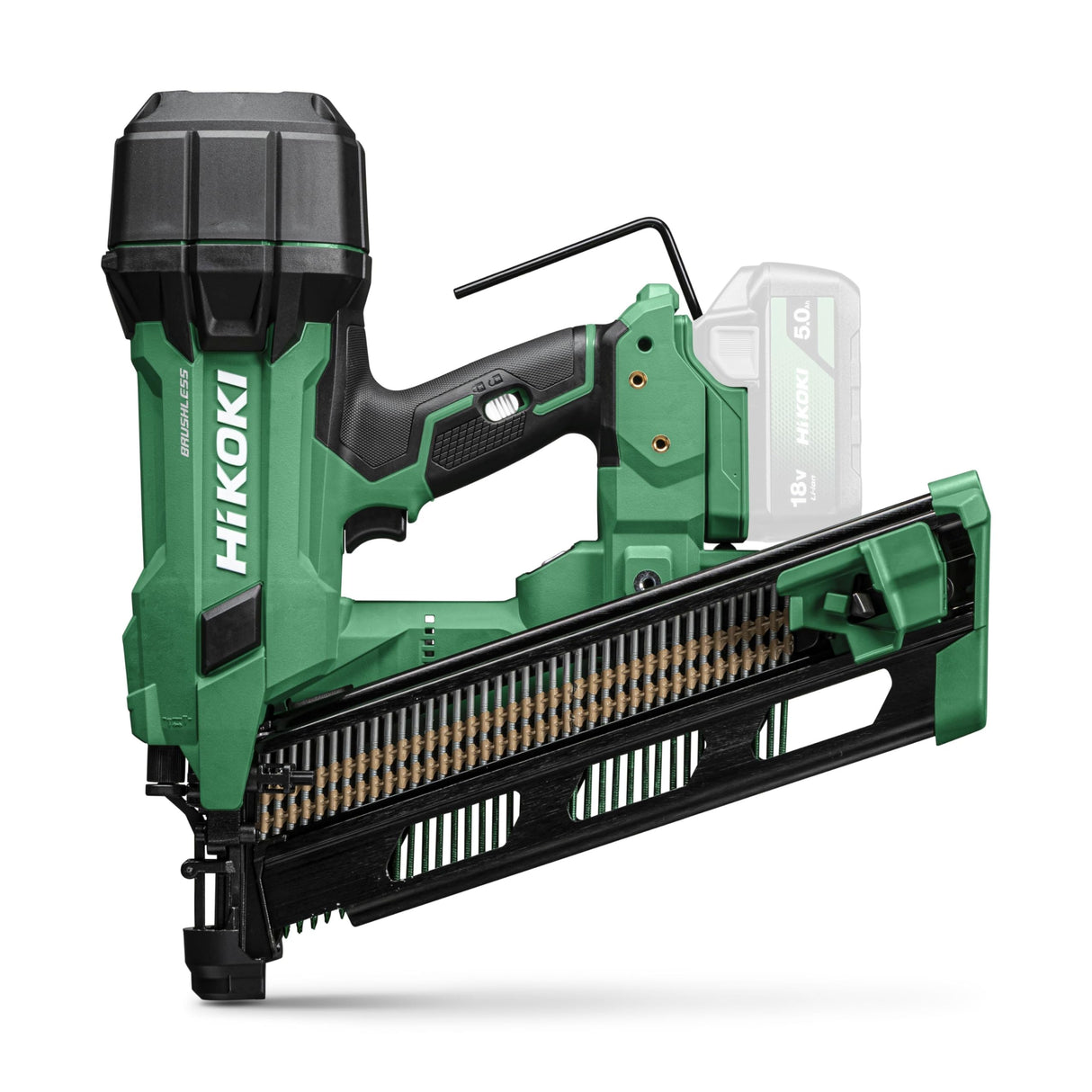 HiKOKI Clavos de tira de batería 21° - 18 V, 50-90 mm - Clavos compactos, ligeros, potentes, luz LED, motor sin escobillas, accionamiento por resorte neumático, ajuste de profundidad sin herramientas,
