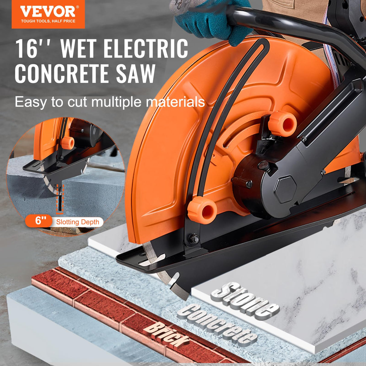 VEVOR Sierra Eléctrica para Hormigón 406mm 2800W Sierra Circular de Alta Potencia Profundidad de Corte de 152mm Sierra de Disco Húmeda/Seca con Tubería de Agua Bomba de Agua Hoja para Piedra Ladrillo
