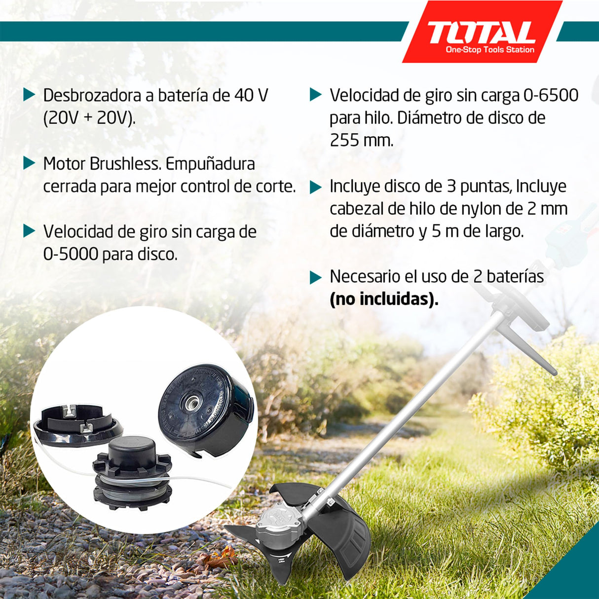 TOTAL - Desbrozadora Brushless A Batería | Batería de 20V de Larga Duración | Incluye Cabezal de Hilo y Disco de 3 Puntas | Ligero y Cómodo, Fácil de Manejar