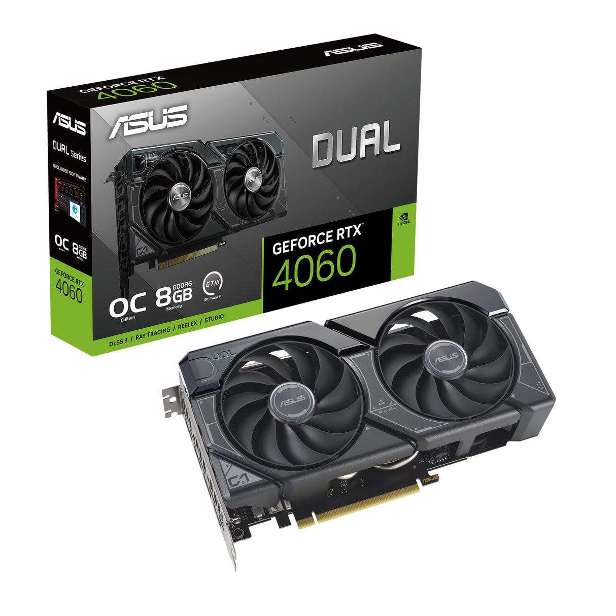 ASUS Dual GeForce RTX 4060 OC Edition 8GB GDDR6 Tarjeta Gráfica, PCIe 4.0, 8GB GDDR6, DLSS 3, HDMI 2.1a, DisplayPort 1.4a, Diseño de 2,5 Ranuras, Ventiladores Axial-Tech, Tecnología 0dB
