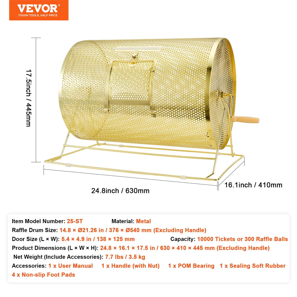 VEVOR Tambor de Tómbola de Lotería Capacidad de 10.000 Boletos o 300 Pelotas de Ping-Pong Jaula de Juego de Bingo de Metal Chapado en Latón Mango Giratorio de Madera 376x540 mm para Evento de Votación