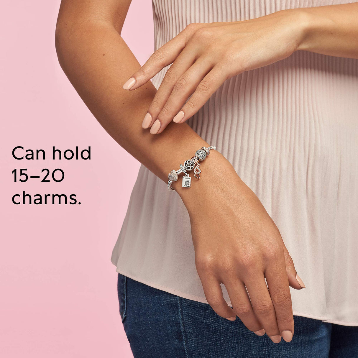 Pandora Icons Pulsera de plata con cadena de serpiente con cierre de corazón chapada en oro rosa de 14 quilates y circonitas cúbicas transparentes, 19