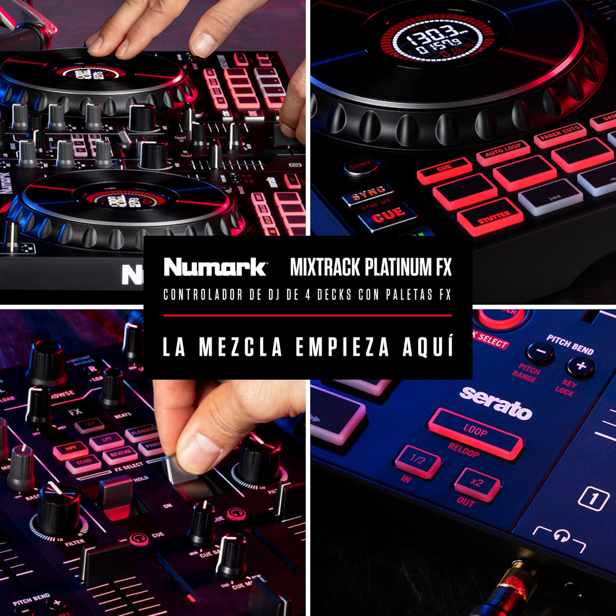 Numark Mixtrack Platinum FX Controlador DJ para Serato DJ Con Control de 4 Secciones, Mezclador DJ, Interfaz de Audio Incorporada, Pantallas en Las Ruedas de Selección y Paletas de Efectos